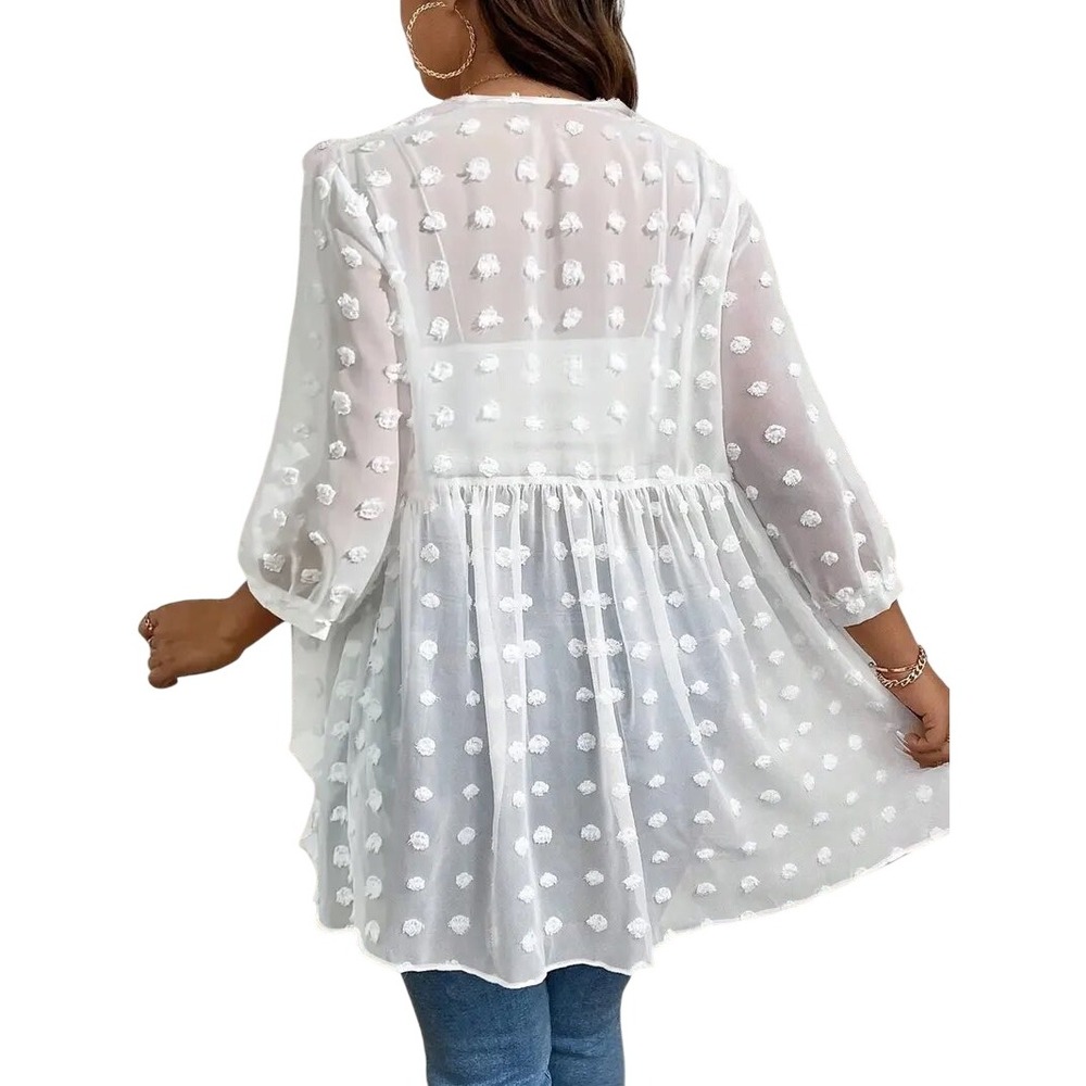 Elesol White Swiss Dot Sheer Babydoll Cardigan Open Front Lantern Sleeve Small